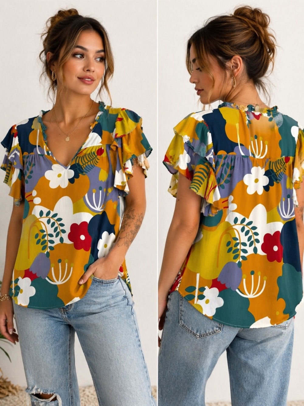 Flowy Floral Blouse 1X Boho Ruffle Sleeve Colorful Bold Abstract Top Plus Size